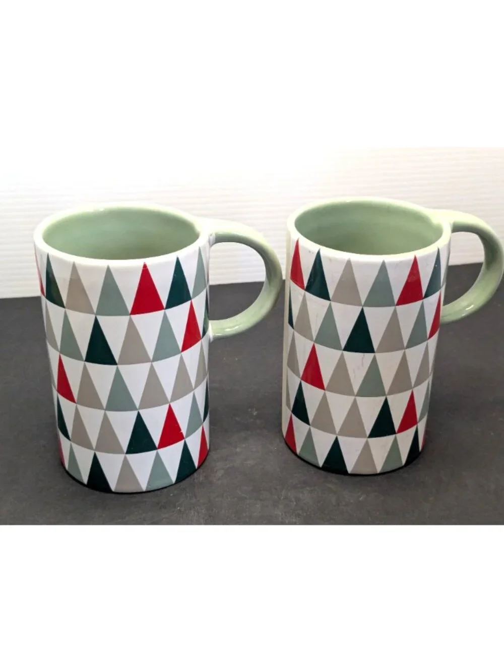 Starbucks Ceramic Mugs Set Of 2 With Green Interior & Geometric Triangle Pattern